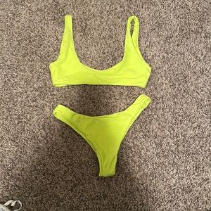Neon yellow bikini.